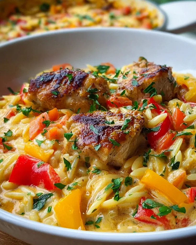 Cremiges Paprika Sahne Hähnchen mit Orzo Nudeln aus dem Ofen
