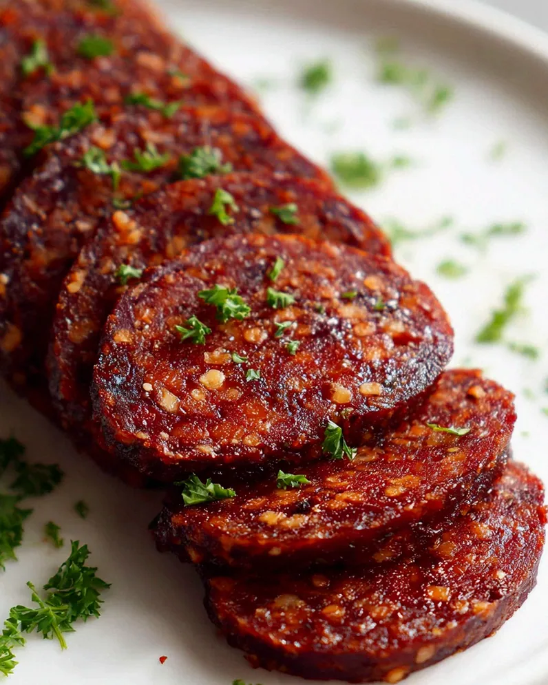 Ofen gebackene vegane Rindfleisch-Putensalami mit Traubensaft