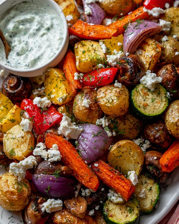 Ofengemüse mit Feta und Kräuterjoghurt vom Blech