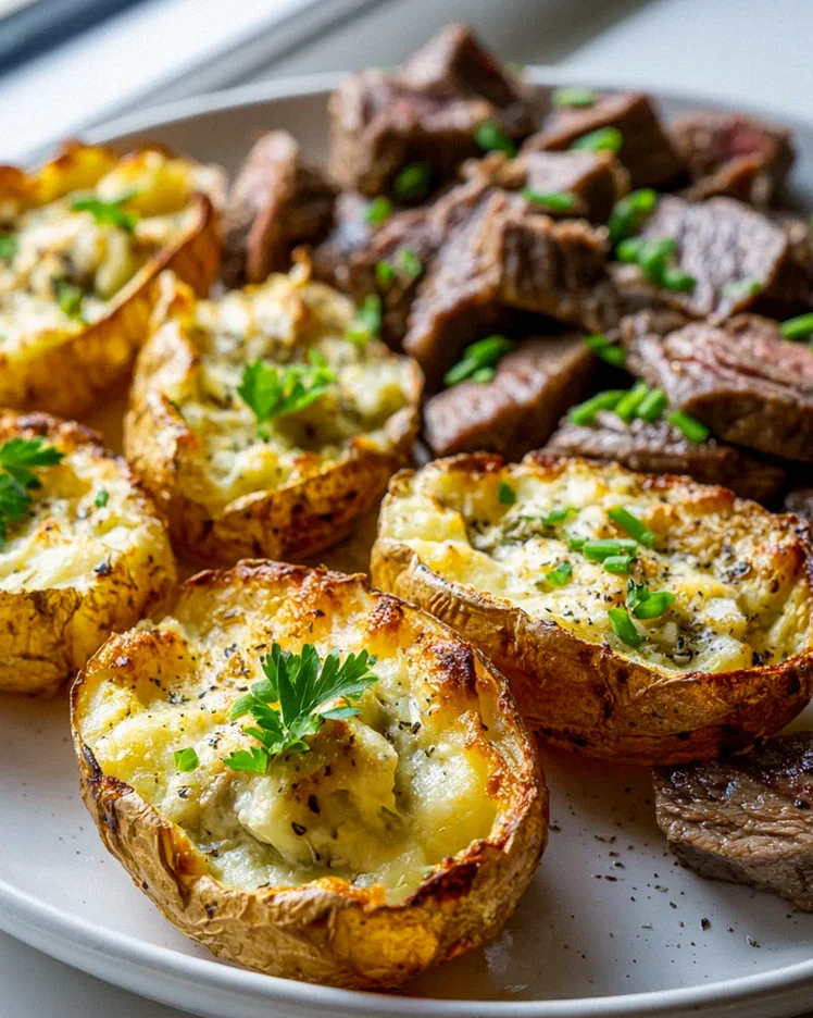 Sheet Pan Steak und Parmesan-Creme Kartoffelboote Rezept
