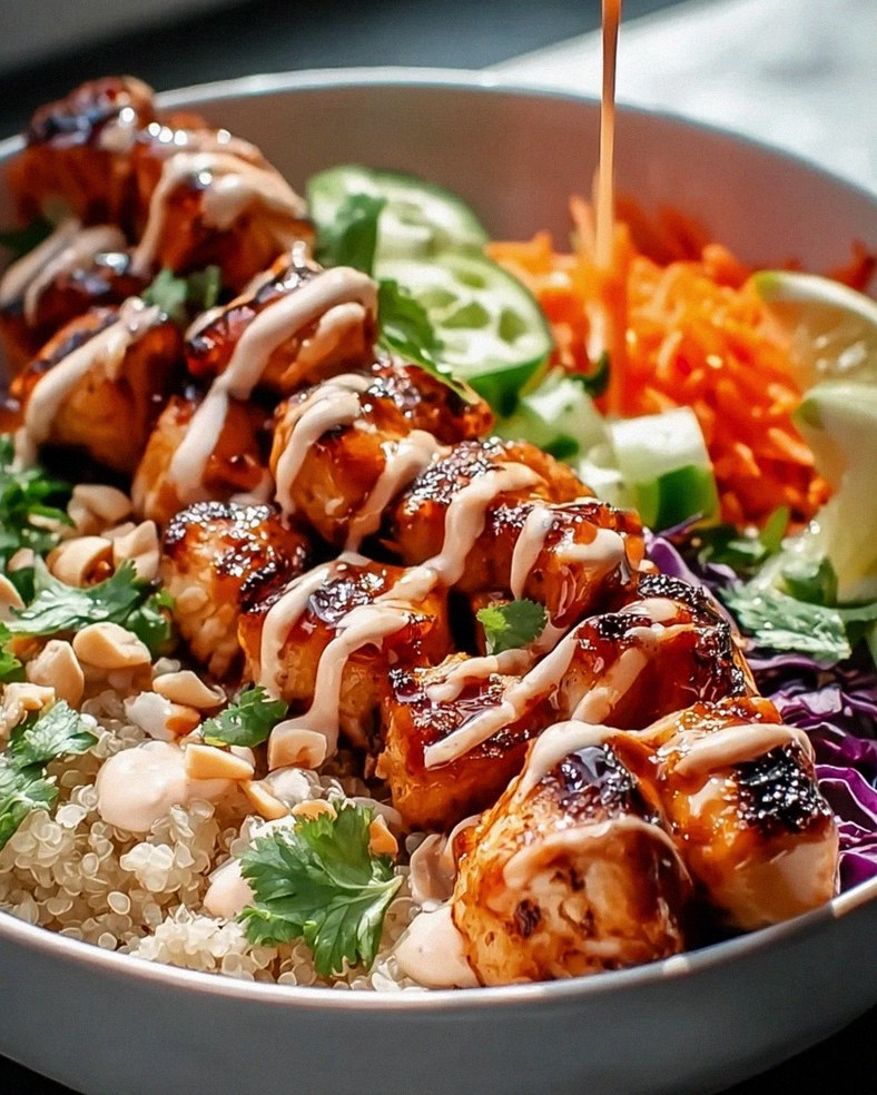 Sweet Chili Hähnchen Bowl mit Kokos-Limetten-Drizzle