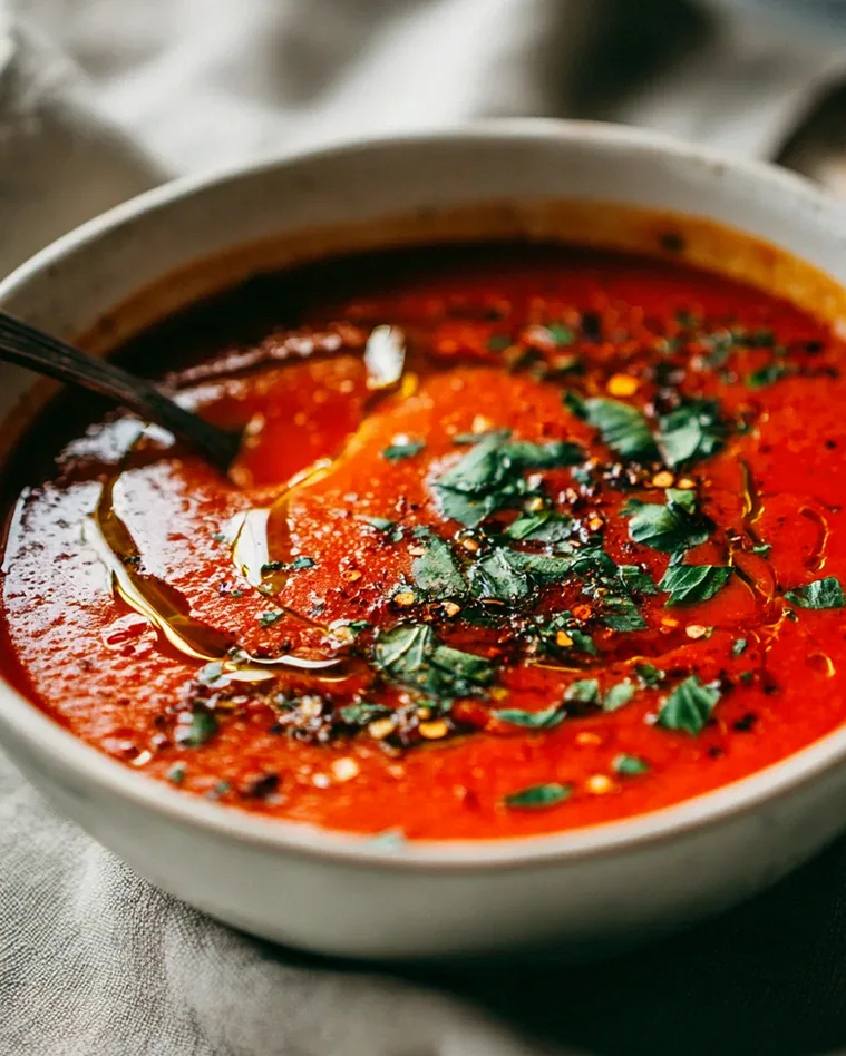 Würzige Geröstete Knoblauch Tomaten Suppe mit Chili & Kräutern