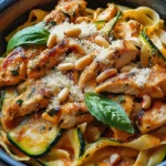 Zucchini Parmesan Pasta mit Hähnchen und Pinienkernen